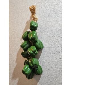Rare Vintage 70s Ceramic Green Peppers on Jute Farmhouse Country Kitchen